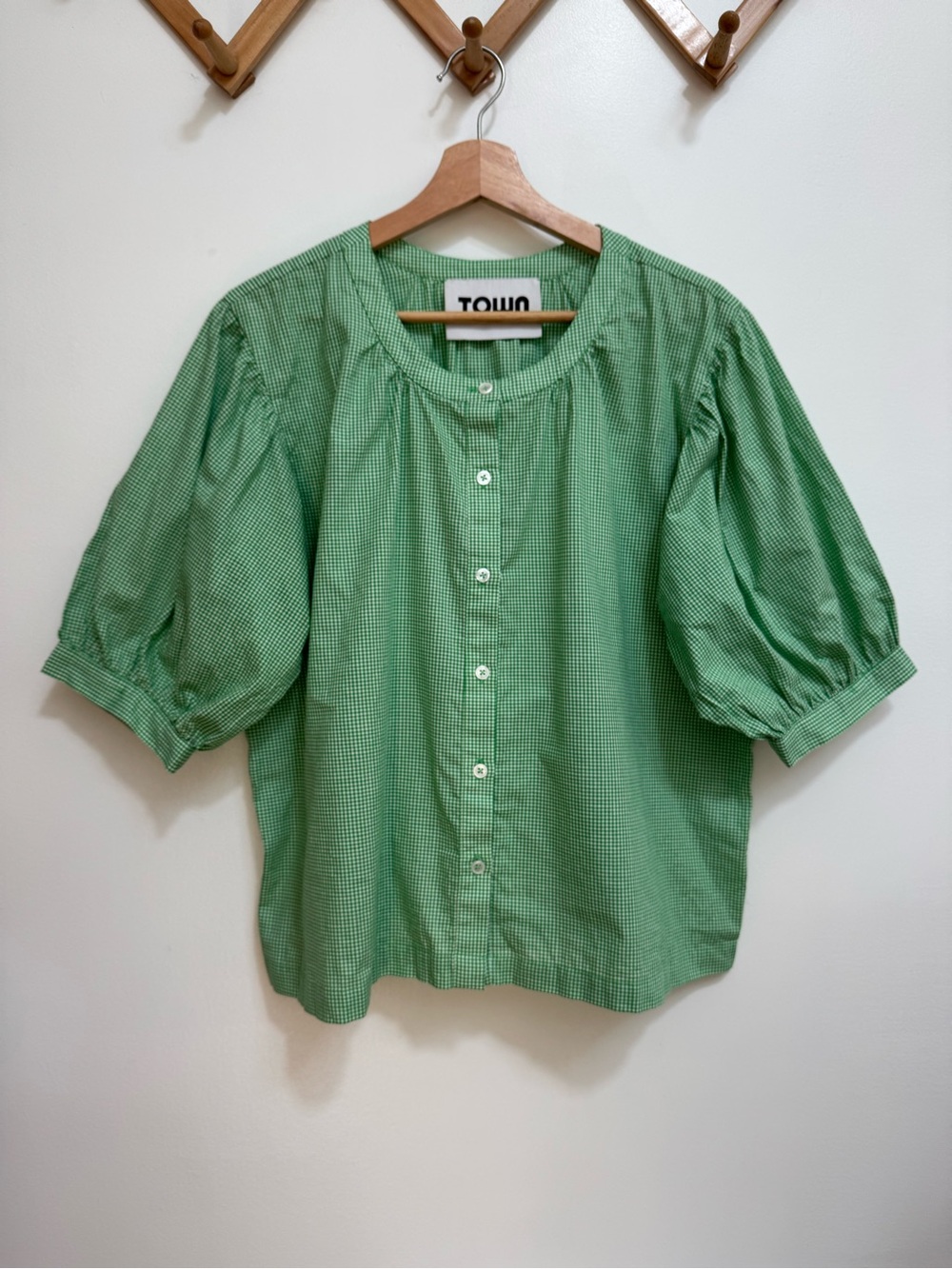 Town Clothes Market Blouse Top Women’s Medium Oversized Green Gingham Tradwife